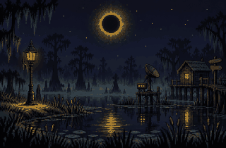 A pixel swamp at night: a street lamp, a pond, a radar dish, an eclipse in the sky and a hut with a signpost